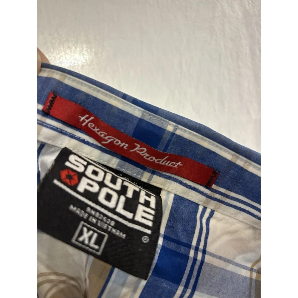 South Pole Men's XL Blue Tan Plaid Button Up Shirt Short Sleeve 100% Cotton Y2K